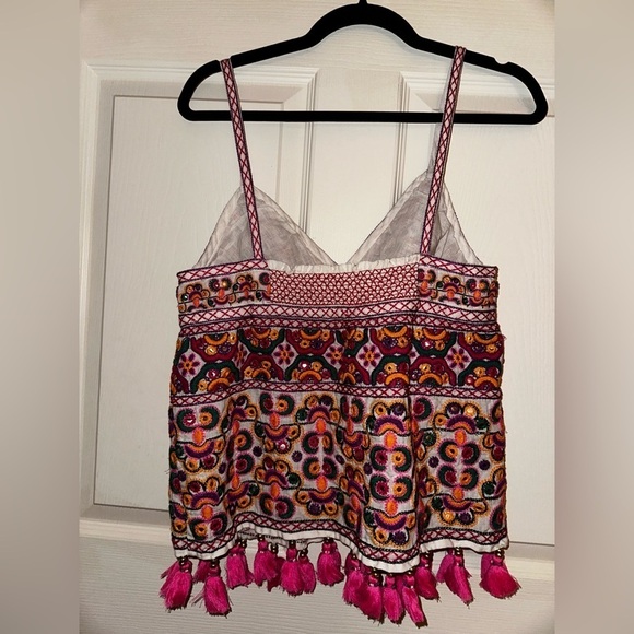 Calypso St. Barth women’s neon embroidered tassle linen top L bohemian beach - Picture 3 of 8